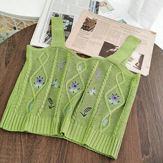 Flowers Embroidery Suspender Korean V-Neck Knitting Sweet Elastic Vintage Students Cute Summer Women Knot CropTops ALODIA STORE