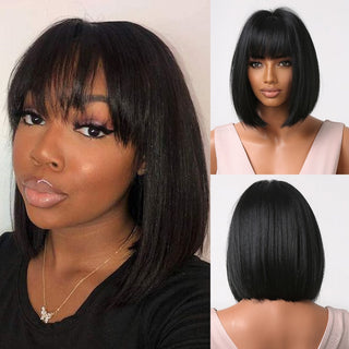 Pelucas sintéticas cortas y rectas para mujeres, cabello falso resistente al calor, Rubio a marrón, Ombre, Bob con flequillo, fiesta de Cosplay diaria ALODIA STORE