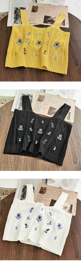Flowers Embroidery Suspender Korean V-Neck Knitting Sweet Elastic Vintage Students Cute Summer Women Knot CropTops ALODIA STORE