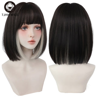 7JHH WIGS Short Bob Straight Ombre Blonde Wigs With Bang For Girl Black Female Synthetic Shoulder Length Crochet Hair Ginger Wig ALODIA STORE