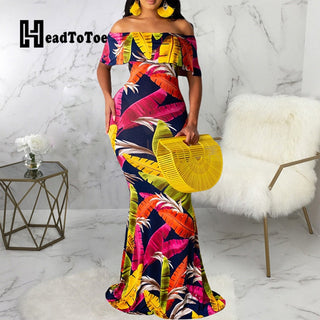 Sunflower Print Off Shoulder Maxi Dress Women Strapless Slash Neck Casual Long Dresses ALODIA STORE