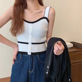 Fashion Summer Halter Off Shoulder Knitted Korean Sport Tank Crop Ribber Y2k Ropa De Mujer Croptop Cami Button Patchwork Ins Top ALODIA STORE