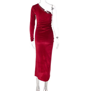 New Solid Long Sleeve One Shoulder Ruched Slit Velvet Midi Dress Sexy Party Club Elegant Bodycon Dresses Femme Robe Longue ALODIA STORE