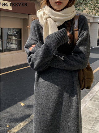 BGTEEVER Casual Thicken Warm Loose Sweater Dress Women Autumn Winter Lapel Full Sleeve Solid Long Knitted Dress Female vestidos ALODIA STORE