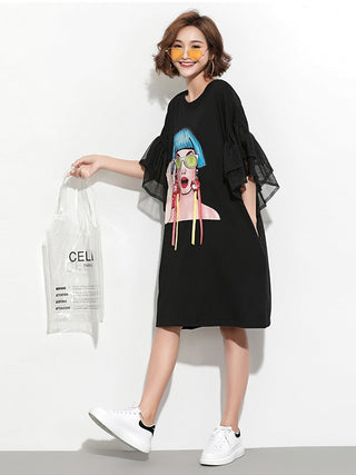 XITAO Splice Ribbon Cartoon Pattern Dress Women Puff Mesh Sleeve  Casual Party Black Dress Korean Style Summer DLL2106 ALODIA STORE