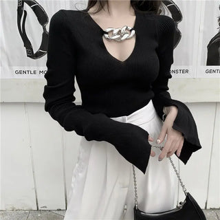 Women's Long Sleeve Black Croptop Knitted Sweater Sexy Party Slim Shirt Cropped Tops Korean Fashion Elegant Office Ladies ALODIA STORE