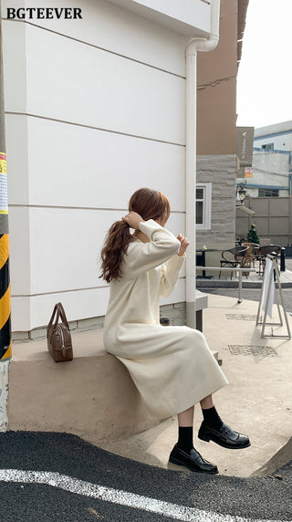 BGTEEVER Casual Thicken Warm Loose Sweater Dress Women Autumn Winter Lapel Full Sleeve Solid Long Knitted Dress Female vestidos ALODIA STORE