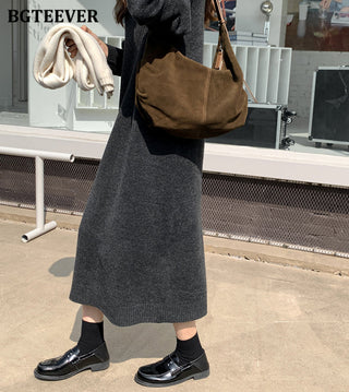 BGTEEVER Casual Thicken Warm Loose Sweater Dress Women Autumn Winter Lapel Full Sleeve Solid Long Knitted Dress Female vestidos ALODIA STORE