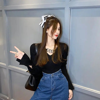 Women's Long Sleeve Black Croptop Knitted Sweater Sexy Party Slim Shirt Cropped Tops Korean Fashion Elegant Office Ladies ALODIA STORE