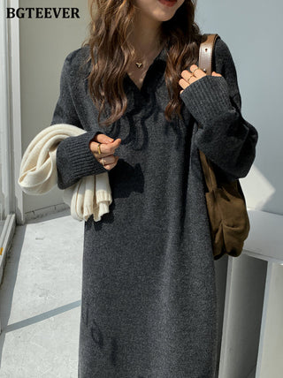 BGTEEVER Casual Thicken Warm Loose Sweater Dress Women Autumn Winter Lapel Full Sleeve Solid Long Knitted Dress Female vestidos ALODIA STORE