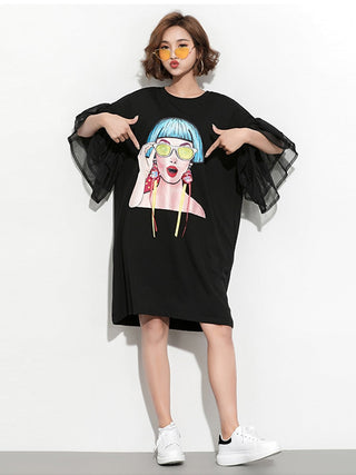 XITAO Splice Ribbon Cartoon Pattern Dress Women Puff Mesh Sleeve  Casual Party Black Dress Korean Style Summer DLL2106 ALODIA STORE