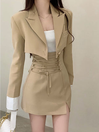 2 Piece Dress Set Women Casual Y2k Crop Tops Elegant Jacket Coats + Mini Skirts Korean Fahion ALODIA STORE