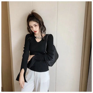 Women's Long Sleeve Black Croptop Knitted Sweater Sexy Party Slim Shirt Cropped Tops Korean Fashion Elegant Office Ladies ALODIA STORE
