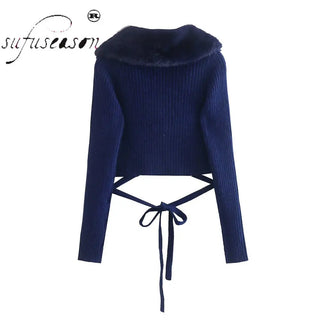 Artificial Fur CropTops Furry Fall Female Crop for Women V Neck Knit Sweater Y2k Long Sleeve New In Pullovers Traf Winter 2022 ALODIA STORE