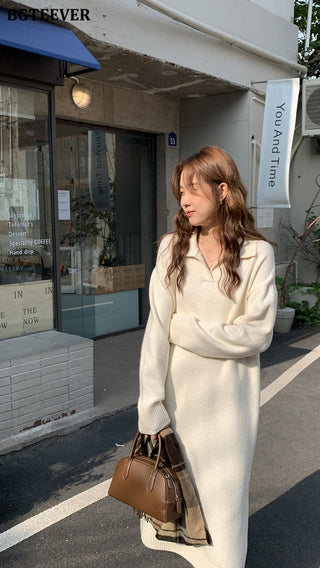 BGTEEVER Casual Thicken Warm Loose Sweater Dress Women Autumn Winter Lapel Full Sleeve Solid Long Knitted Dress Female vestidos ALODIA STORE