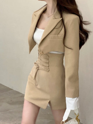 2 Piece Dress Set Women Casual Y2k Crop Tops Elegant Jacket Coats + Mini Skirts Korean Fahion ALODIA STORE