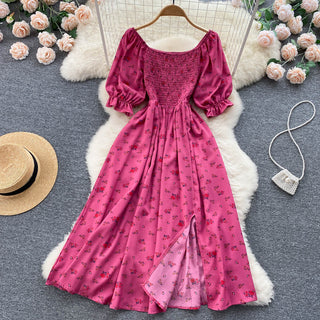 YuooMuoo Romantic Floral Print Split Long Summer Dress Puff Sleeve Party Korean style ALODIA STORE