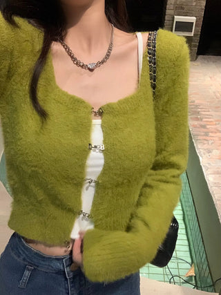Korean Fashion Solid Slim Knitted Cardigan for Women 2023 New In Autumn Casual Sexy Sweater Cropped Top Y2k 2000s Clothes ALODIA STORE