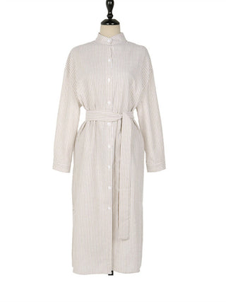 Colorfaith DR1800 2023 Striped Cotton and Linen Shirt Dress Lace Up Women Spring Summer Elegant Korean Fashion Lady Long Dresses ALODIA STORE