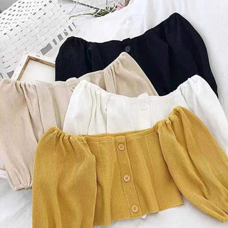 Off Shoulder Woman Tshirts French Puff Sleeve Short Croptop Korean Belly Button Exposed Sexy Shirt Summer Vintage Soild Y2k Tops ALODIA STORE