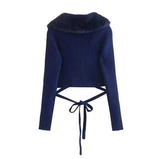 Artificial Fur CropTops Furry Fall Female Crop for Women V Neck Knit Sweater Y2k Long Sleeve New In Pullovers Traf Winter 2022 ALODIA STORE
