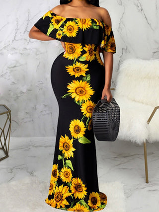 Sunflower Print Off Shoulder Maxi Dress Women Strapless Slash Neck Casual Long Dresses ALODIA STORE