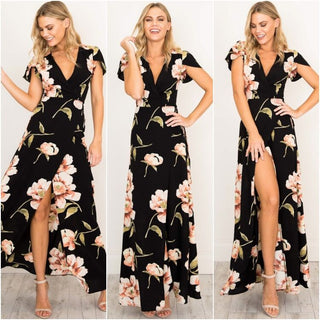 2023 Summer Short Sleeved Long Dress V-neck Split Print Fashion Retro Tiktok Consignment Rayon Robe for Women Party Wedding ALODIA STORE