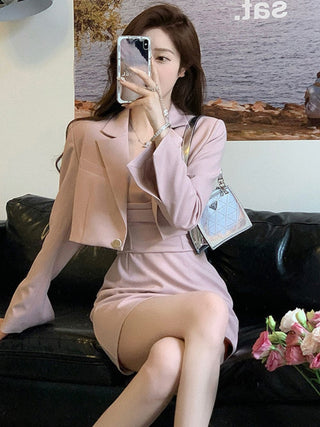 Autumn Pink Two Piece Dress Set Women Blazer Coat+Strap Dress Set Female Casual Korean Fashion ALODIA STORE
