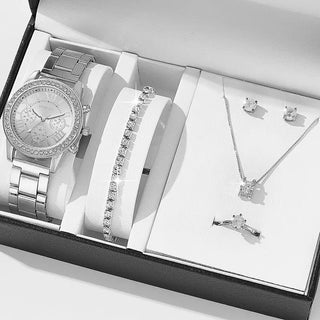 6PCS Set Luxury Watch Women Ring Necklace Earrings Rhinestone Fashion Wristwatch Female Casual Ladies Watches Bracelet Set Clock ALODIA STORE