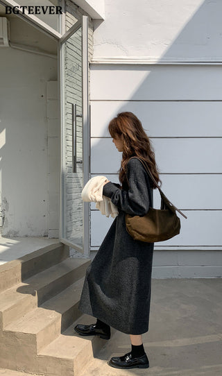 BGTEEVER Casual Thicken Warm Loose Sweater Dress Women Autumn Winter Lapel Full Sleeve Solid Long Knitted Dress Female vestidos ALODIA STORE