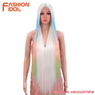 38 inch Straight Hair Synthetic Lace Front Wigs For Women High Temperature Fiber Ombre Blonde Highlight Cosplay Wig FASHION IDOL ALODIA STORE