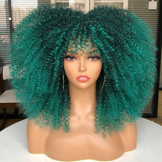 16''Short Hair Afro Kinky Curly Wig With Bangs For Black Women Cosplay Lolita Synthetic Natural Glueless Brown Mixed Blonde Wigs ALODIA STORE