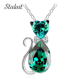 Cute Cat Pendant Necklace For Women Heart Crystal Jewelry Austrian Crystal Clavicle Chain Necklace ALODIA STORE