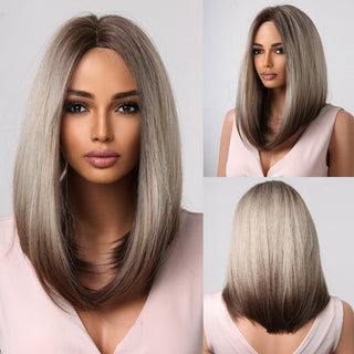 Ombre Brown Platinum Blonde Synthetic Wigs Short Straight Bob Wigs for Black Women Daily Natural Heat Resistant Hair Cosplay ALODIA STORE