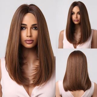 Pelucas sintéticas cortas y rectas para mujeres, cabello falso resistente al calor, Rubio a marrón, Ombre, Bob con flequillo, fiesta de Cosplay diaria ALODIA STORE