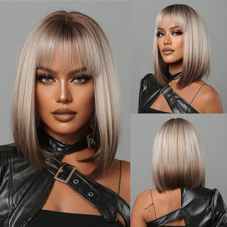 Pelucas sintéticas cortas y rectas para mujeres, cabello falso resistente al calor, Rubio a marrón, Ombre, Bob con flequillo, fiesta de Cosplay diaria ALODIA STORE