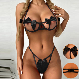 Women Bow Decor Sexy Lingerie Cut Out Underwire Lingerie Set Two Piece Underwear Bowknot Lace Lingerie Underwear Sleepwear ALODIA STORE