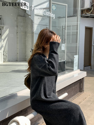 BGTEEVER Casual Thicken Warm Loose Sweater Dress Women Autumn Winter Lapel Full Sleeve Solid Long Knitted Dress Female vestidos ALODIA STORE