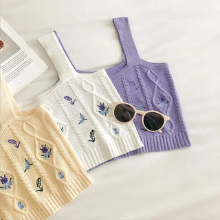 Flowers Embroidery Suspender Korean V-Neck Knitting Sweet Elastic Vintage Students Cute Summer Women Knot CropTops ALODIA STORE