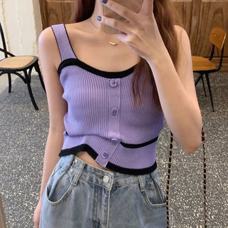 Fashion Summer Halter Off Shoulder Knitted Korean Sport Tank Crop Ribber Y2k Ropa De Mujer Croptop Cami Button Patchwork Ins Top ALODIA STORE