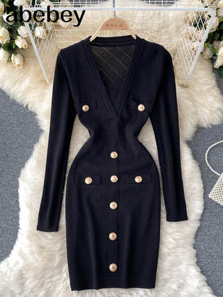 Women Knitted Pencil Dress Korean Long Sleeve V Neck Elastic Slim Dress ALODIA STORE