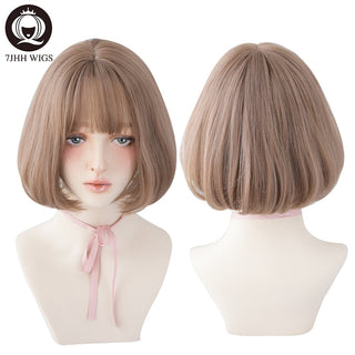 7JHH WIGS Short Bob Straight Ombre Blonde Wigs With Bang For Girl Black Female Synthetic Shoulder Length Crochet Hair Ginger Wig ALODIA STORE