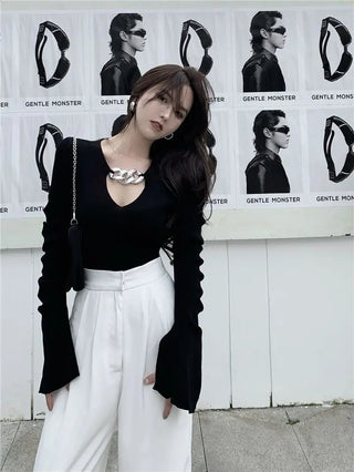 Women's Long Sleeve Black Croptop Knitted Sweater Sexy Party Slim Shirt Cropped Tops Korean Fashion Elegant Office Ladies ALODIA STORE