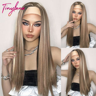 Chocolate Brown Mixed Golden Blonde Long Straight Synthetic Women's Headband Wigs Bohemian Hair For Black Women Fake Hair ALODIA STORE