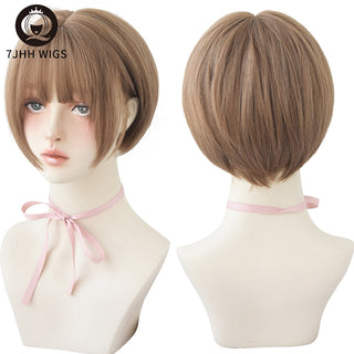 7JHH WIGS Short Bob Straight Ombre Blonde Wigs With Bang For Girl Black Female Synthetic Shoulder Length Crochet Hair Ginger Wig ALODIA STORE