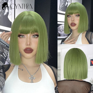 Green Short Bob Hair Synthetic Wig For Woman With Bangs Blonde Ombre Pink Cosplay Lolita Party Heat Resistant Daily Natural Hair ALODIA STORE