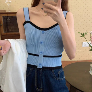 Fashion Summer Halter Off Shoulder Knitted Korean Sport Tank Crop Ribber Y2k Ropa De Mujer Croptop Cami Button Patchwork Ins Top ALODIA STORE