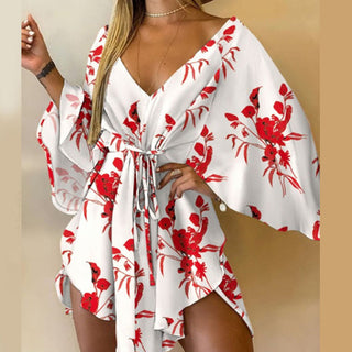 Casual Leaf Leopard Print Harajuku Batwing Sleeve Dress Lady Elegant Lace-Up Irregular Party Dress Sexy V-Neck Women Mini Dress ALODIA STORE