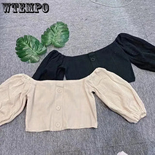 Off Shoulder Woman Tshirts French Puff Sleeve Short Croptop Korean Belly Button Exposed Sexy Shirt Summer Vintage Soild Y2k Tops ALODIA STORE