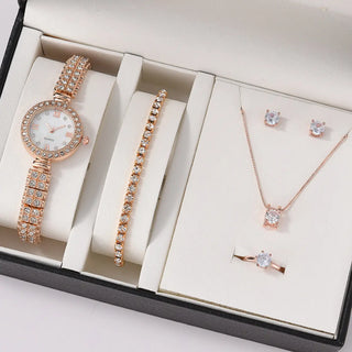 6PCS Set Luxury Watch Women Ring Necklace Earrings Rhinestone Fashion Wristwatch Female Casual Ladies Watches Bracelet Set Clock ALODIA STORE